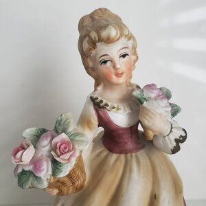 RARE 1970s Porcelain Southern Belle Figurine Lady Country Western Roses Bouquet
